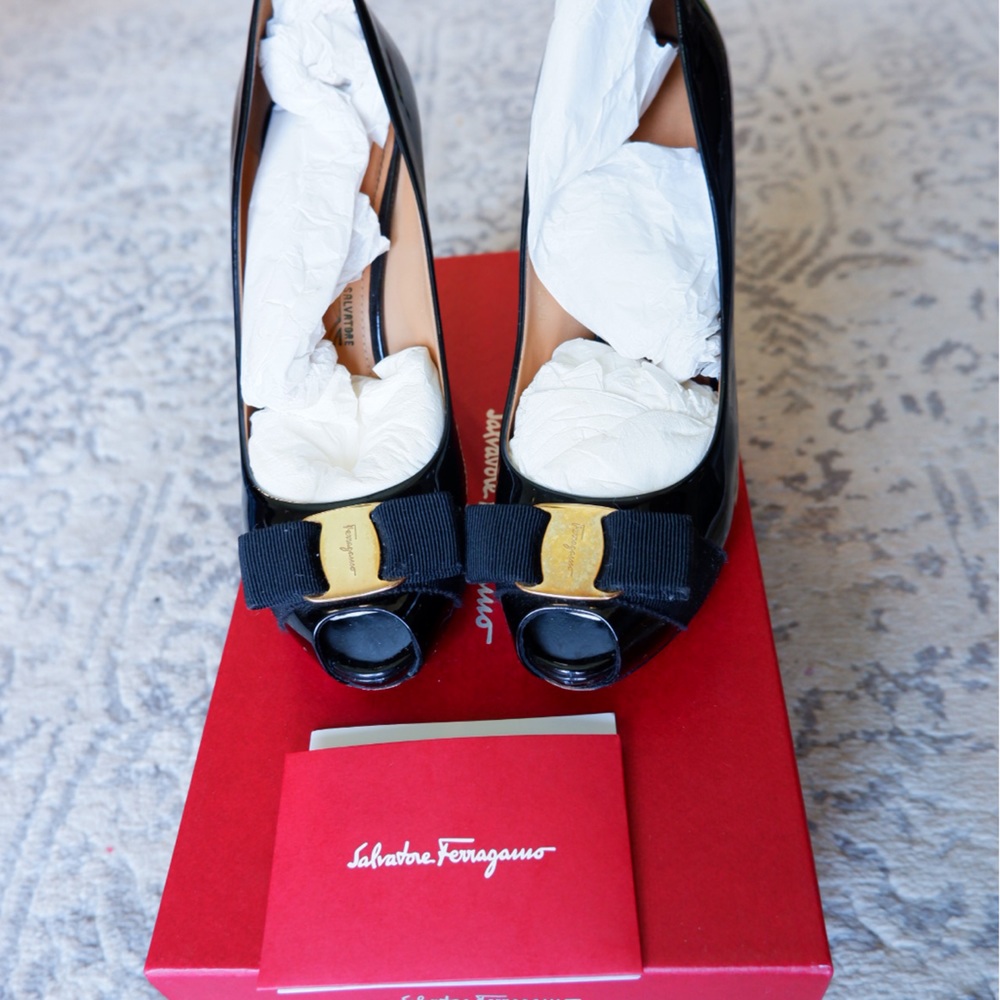Patent Ferragamo peep toe heels size 7. Great condition, receipt, box, dust bag